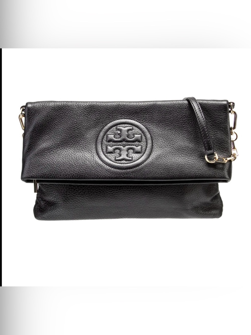 Tory Burch black leather Bombe envelope fold over crossbody bag